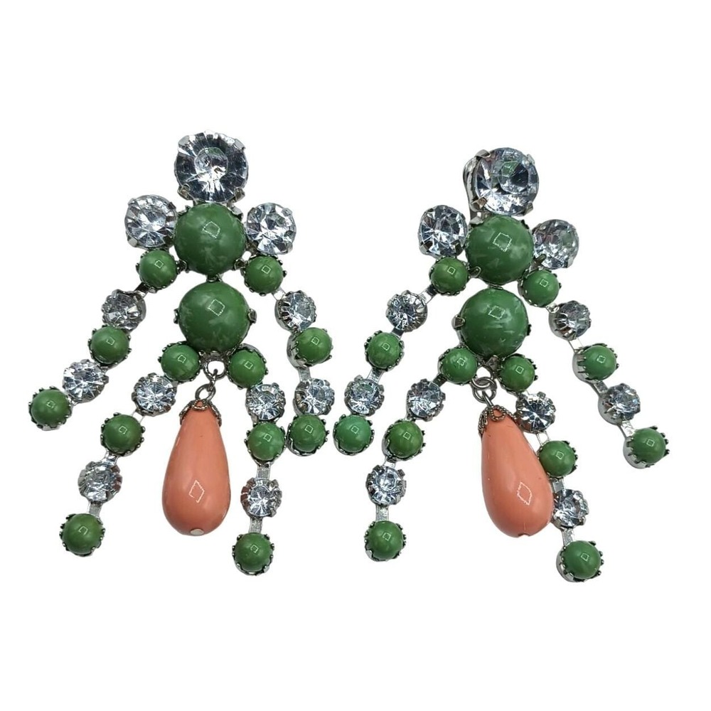 Scaasi Earrings Long Dangling Green Clear Peach Clip-Ons Costume Jewelry
